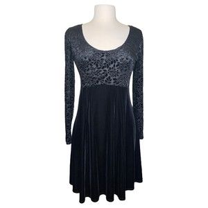 Vintage Jay Jacobs Women Black Floral Velvet Skater Dress Small Long Sleeves